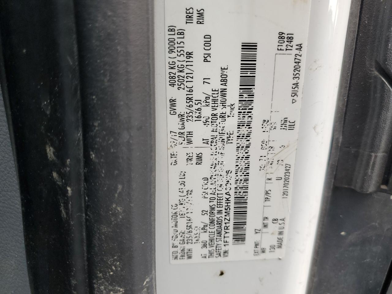 2017 Ford Transit T-250 VIN: 1FTYR1ZM5HKA69626 Lot: 81837105
