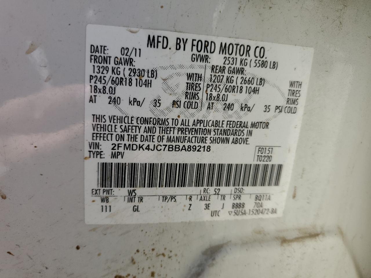 2011 Ford Edge Sel VIN: 2FMDK4JC7BBA89218 Lot: 84423355