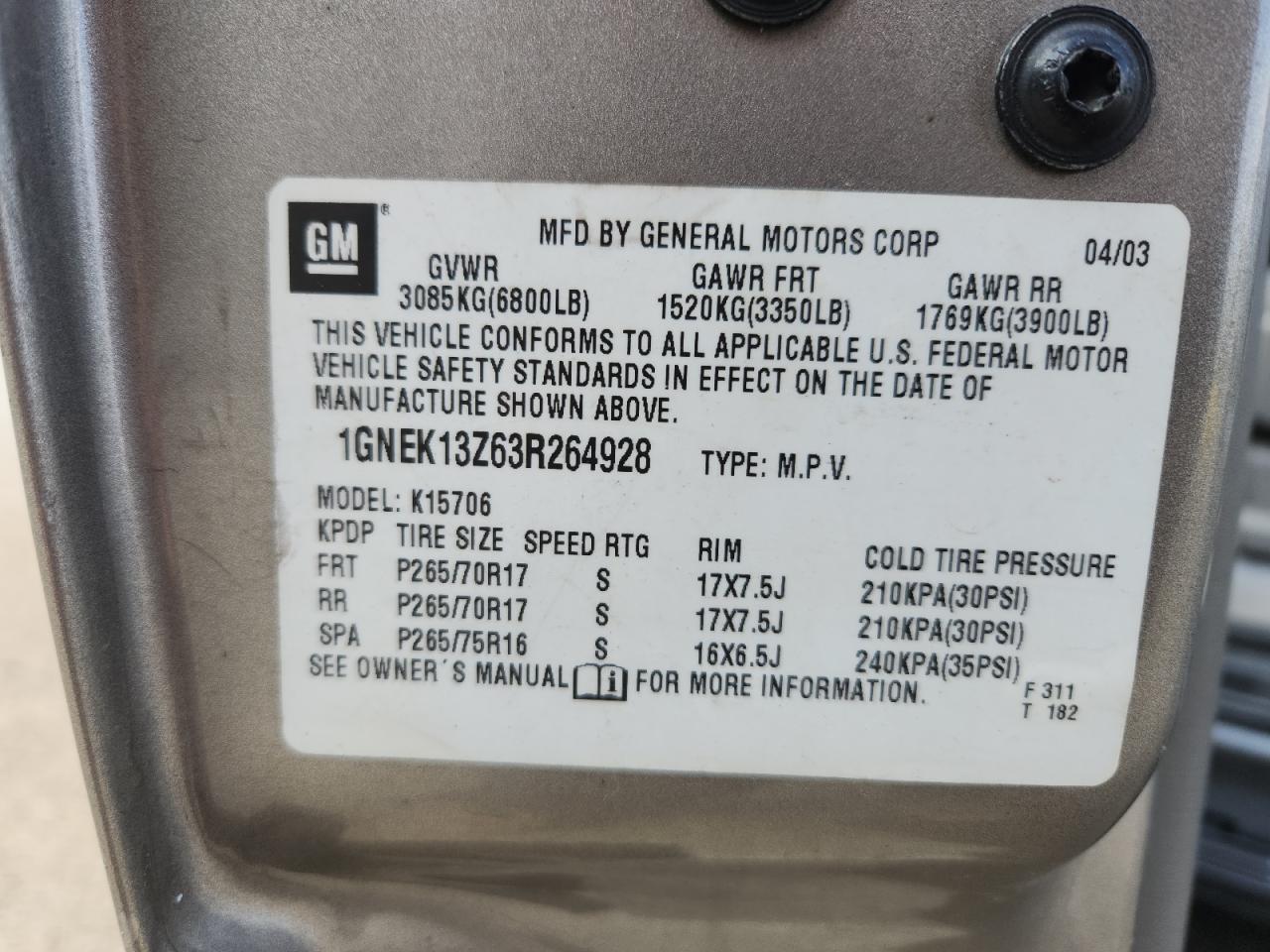 2003 Chevrolet Tahoe K1500 VIN: 1GNEK13Z63R264928 Lot: 84194675