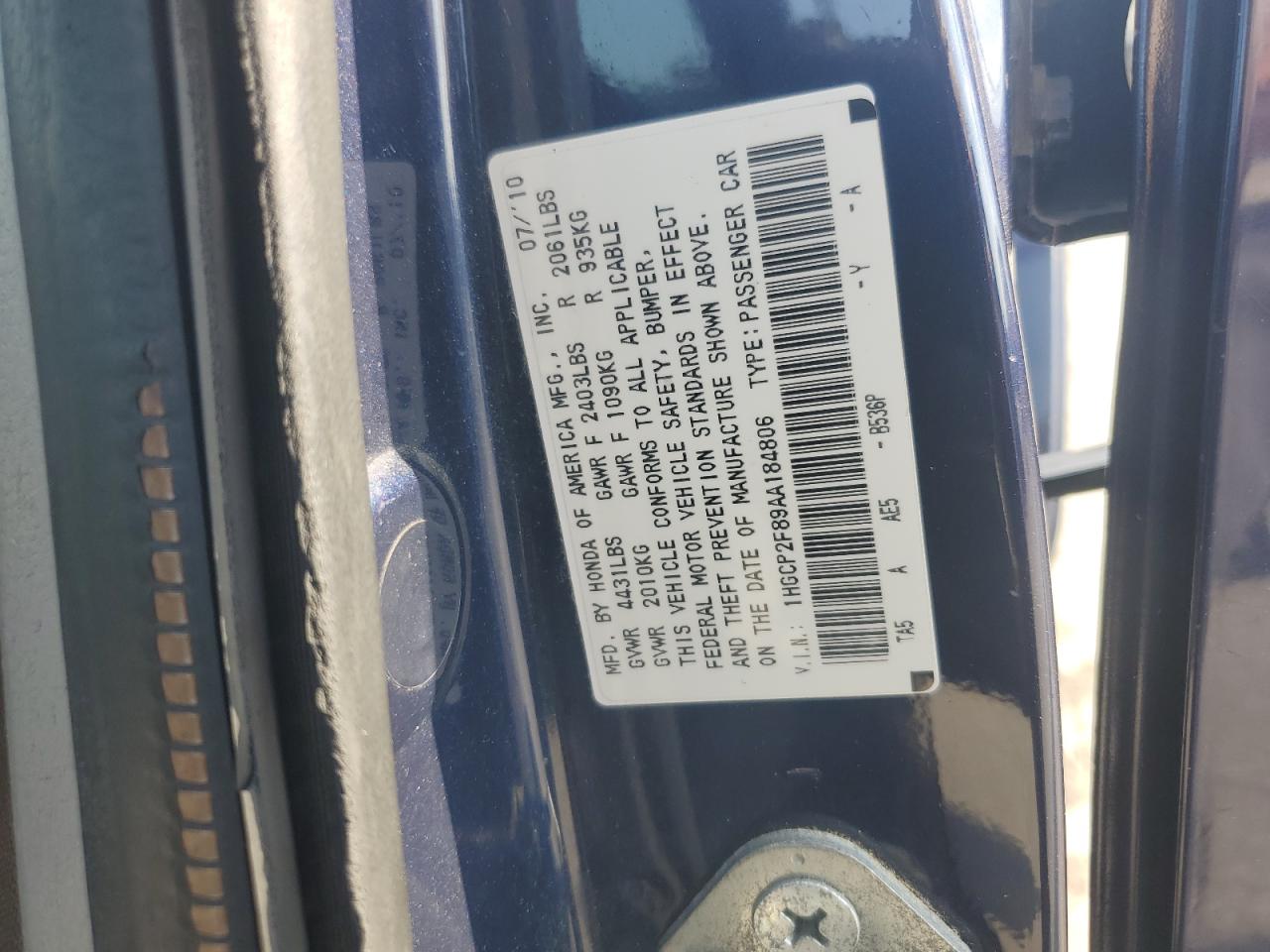 2010 Honda Accord Exl VIN: 1HGCP2F89AA184806 Lot: 80160215