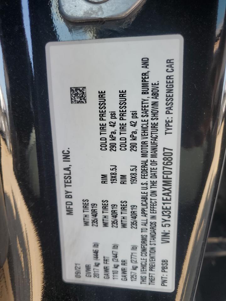 2021 Tesla Model 3 VIN: 5YJ3E1EAXMF076807 Lot: 80486925