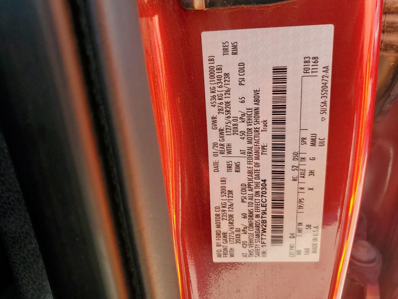 2020 Ford F250 Super Duty VIN: 1FT7W2BT9LEC70304 Lot: 71837655