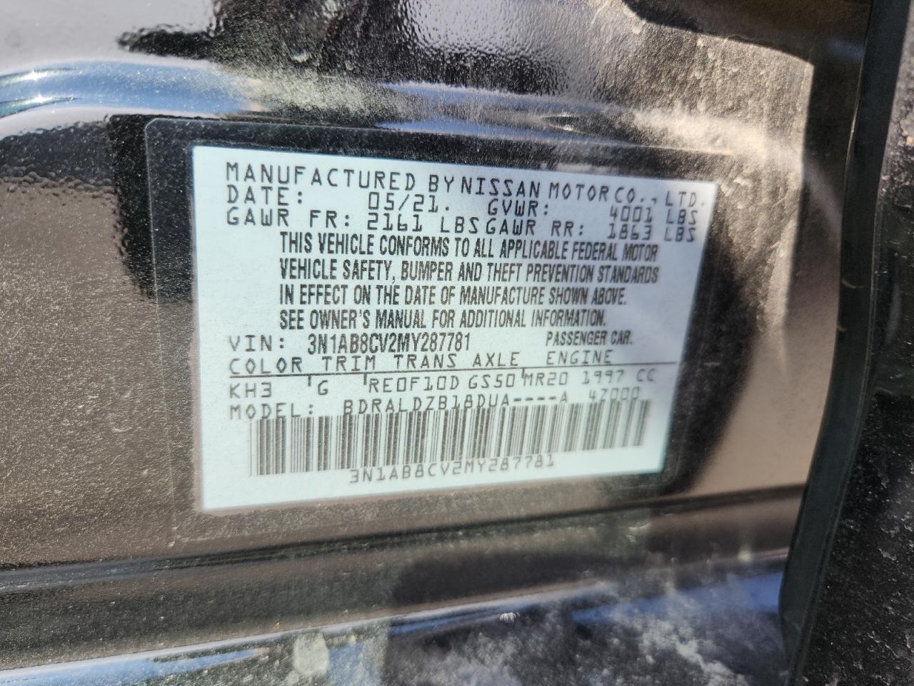 2021 Nissan Sentra Sv VIN: 3N1AB8CV2MY287781 Lot: 81842585