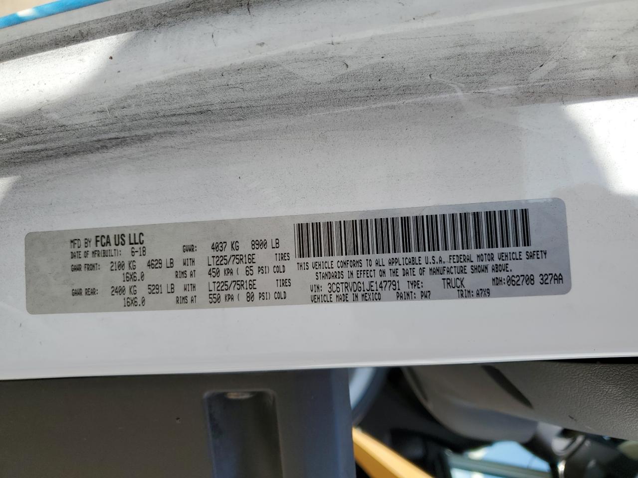 2018 Ram Promaster 2500 2500 High VIN: 3C6TRVDG1JE147791 Lot: 80759215