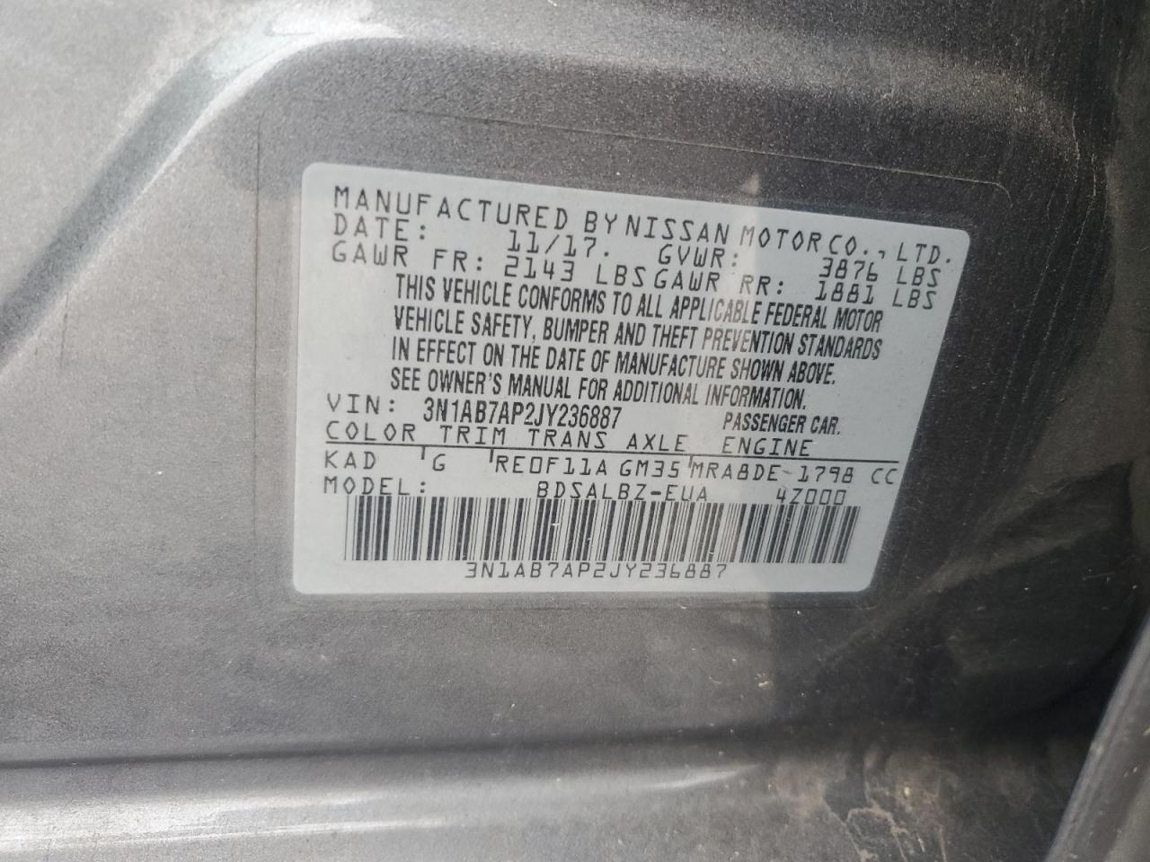 2018 Nissan Sentra S VIN: 3N1AB7AP2JY236887 Lot: 81705285