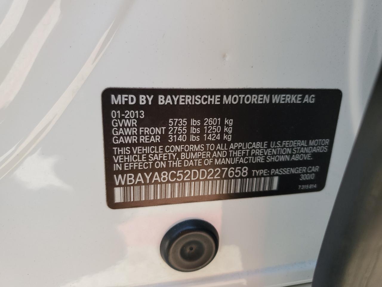 2013 BMW 750 I VIN: WBAYA8C52DD227658 Lot: 81815665
