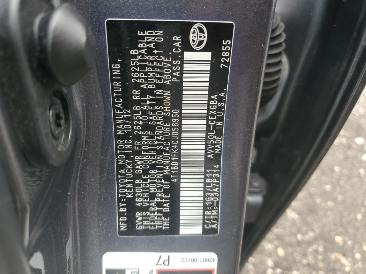 2012 Toyota Camry Hybrid VIN: 4T1BD1FK4CU056950 Lot: 84554795