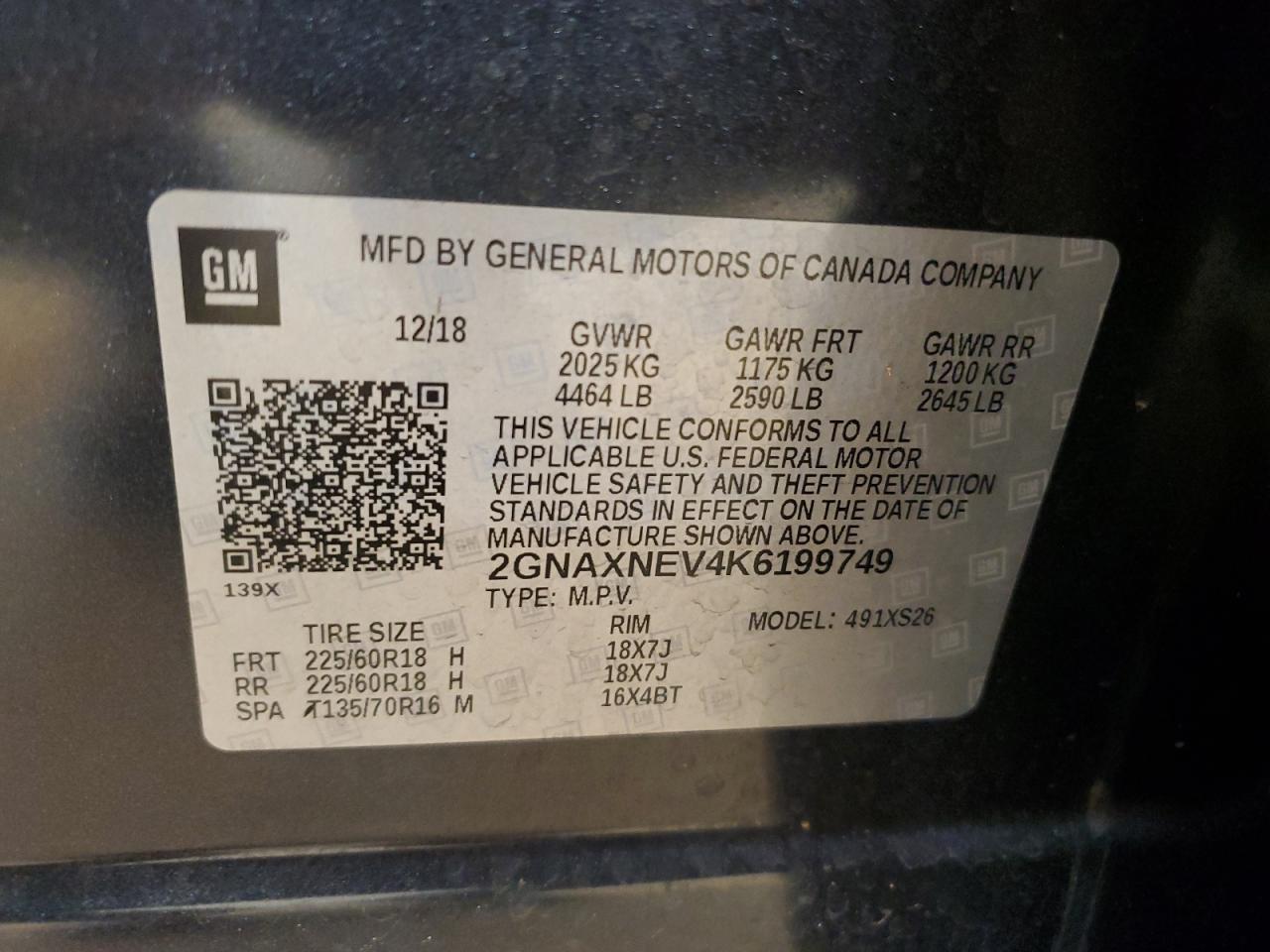 2019 Chevrolet Equinox Premier VIN: 2GNAXNEV4K6199749 Lot: 84362735