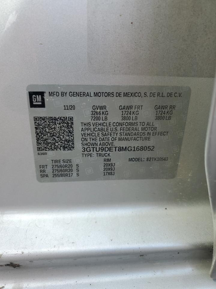 2021 GMC Sierra K1500 Slt VIN: 3GTU9DET8MG168052 Lot: 80350835