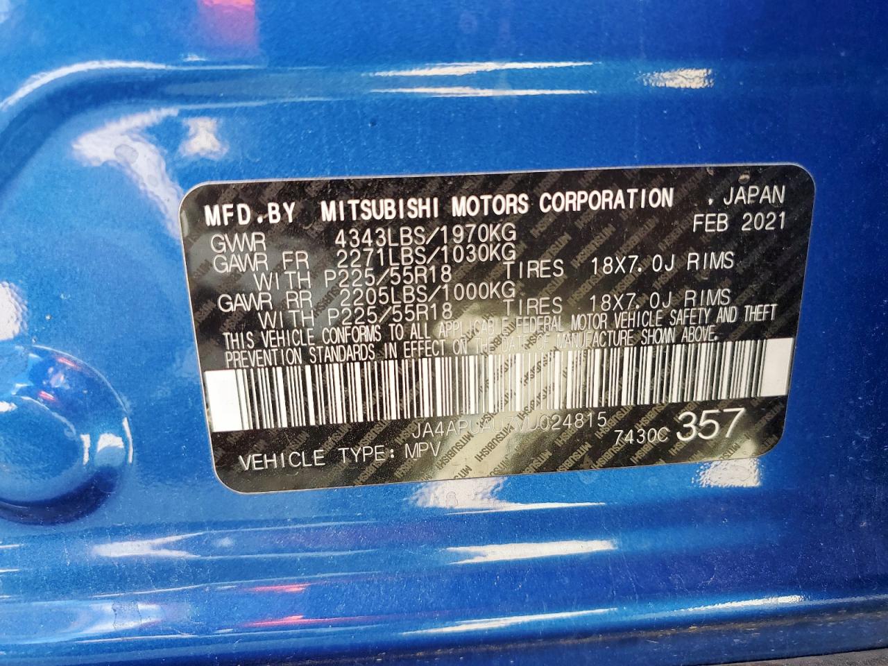 2021 Mitsubishi Outlander Sport Es VIN: JA4APUAU7MU024815 Lot: 82165295