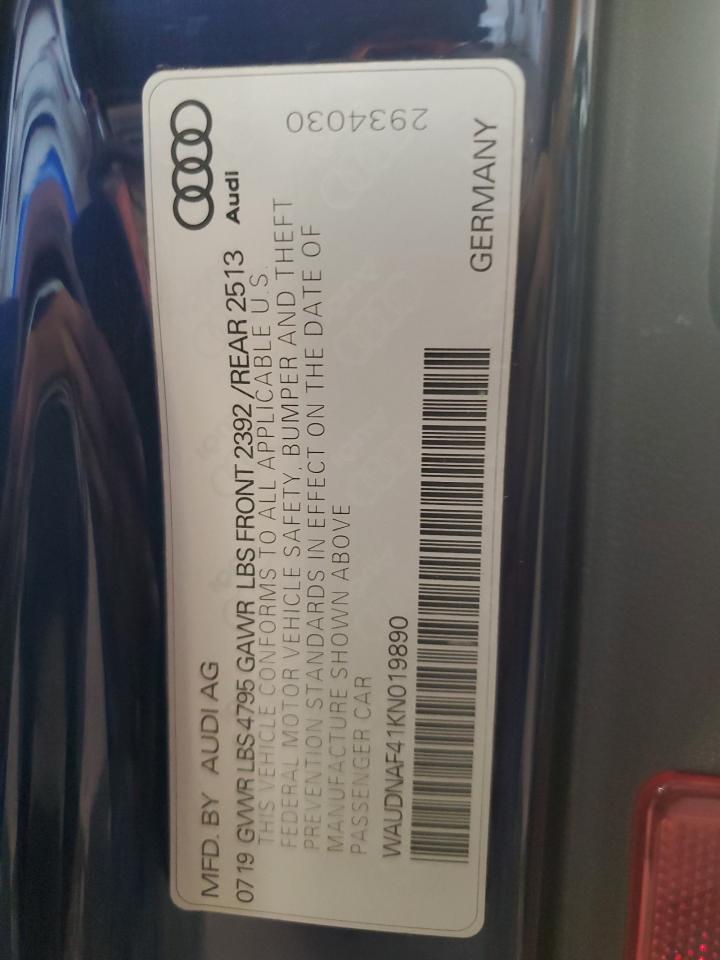 2019 Audi A4 Premium VIN: WAUDNAF41KN019890 Lot: 84374195