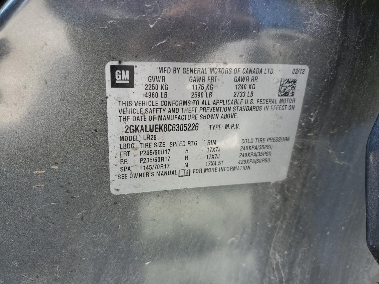 2012 GMC Terrain Slt VIN: 2GKALUEK8C6305226 Lot: 70943775