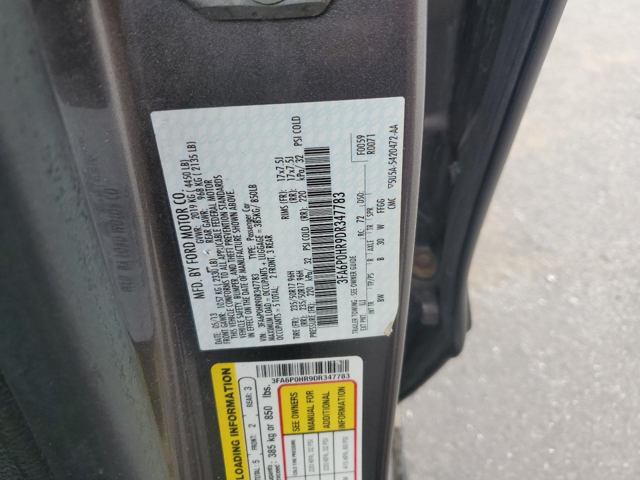2013 Ford Fusion Se VIN: 3FA6P0HR9DR347783 Lot: 71099865