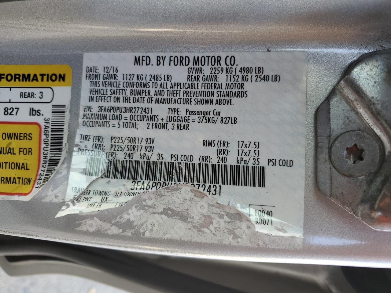 2017 Ford Fusion Se Phev VIN: 3FA6P0PU3HR272431 Lot: 80053205