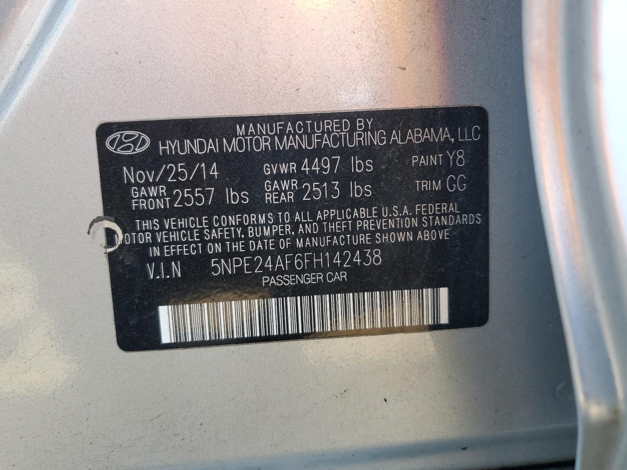 2015 Hyundai Sonata Se VIN: 5NPE24AF6FH142438 Lot: 80500465