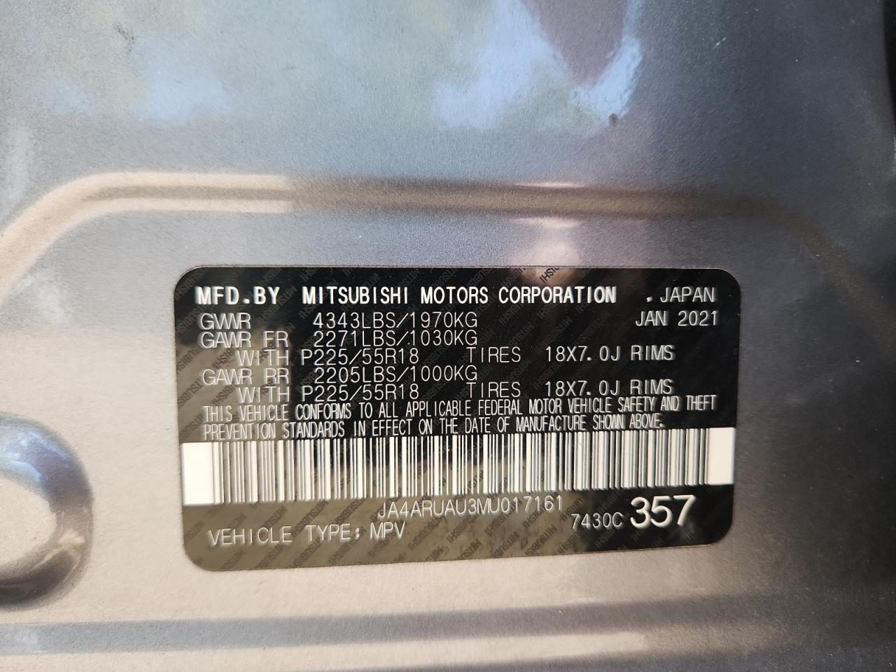 2021 Mitsubishi Outlander Sport Es VIN: JA4ARUAU3MU017161 Lot: 80076995