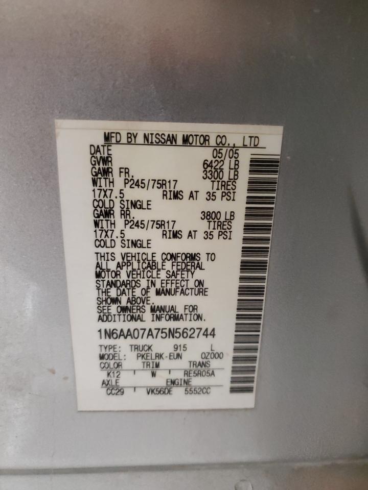 2005 Nissan Titan Xe VIN: 1N6AA07A75N562744 Lot: 81178455