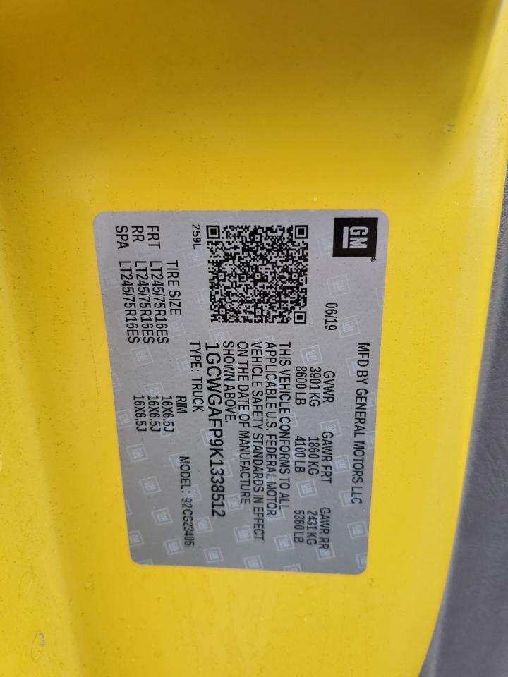 2019 Chevrolet Express G2500 VIN: 1GCWGAFP9K1338512 Lot: 80998595