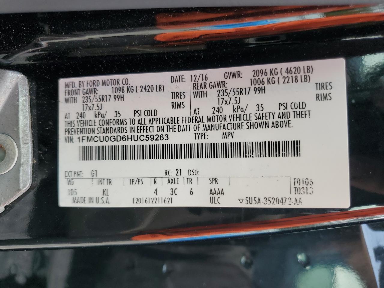 2017 Ford Escape Se VIN: 1FMCU0GD6HUC59263 Lot: 84463385