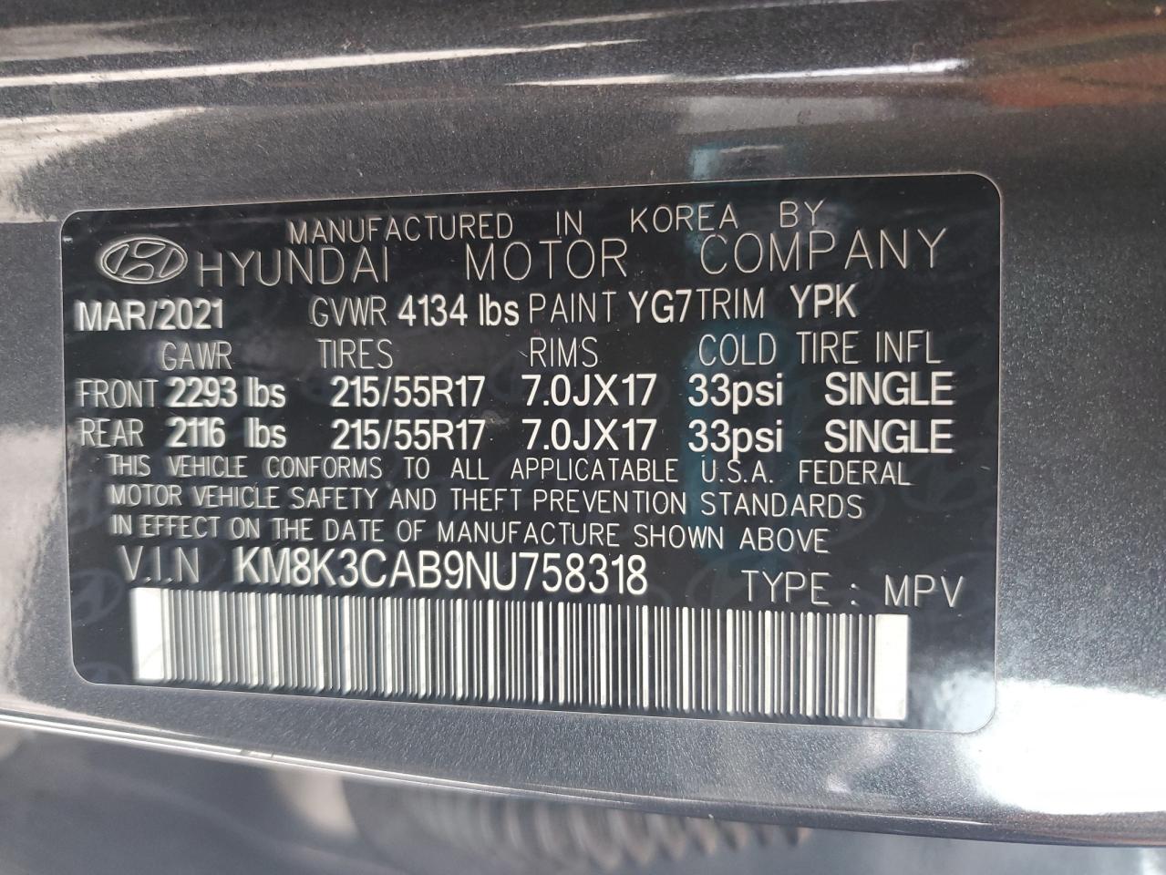 2022 Hyundai Kona Sel VIN: KM8K3CAB9NU758318 Lot: 82144135