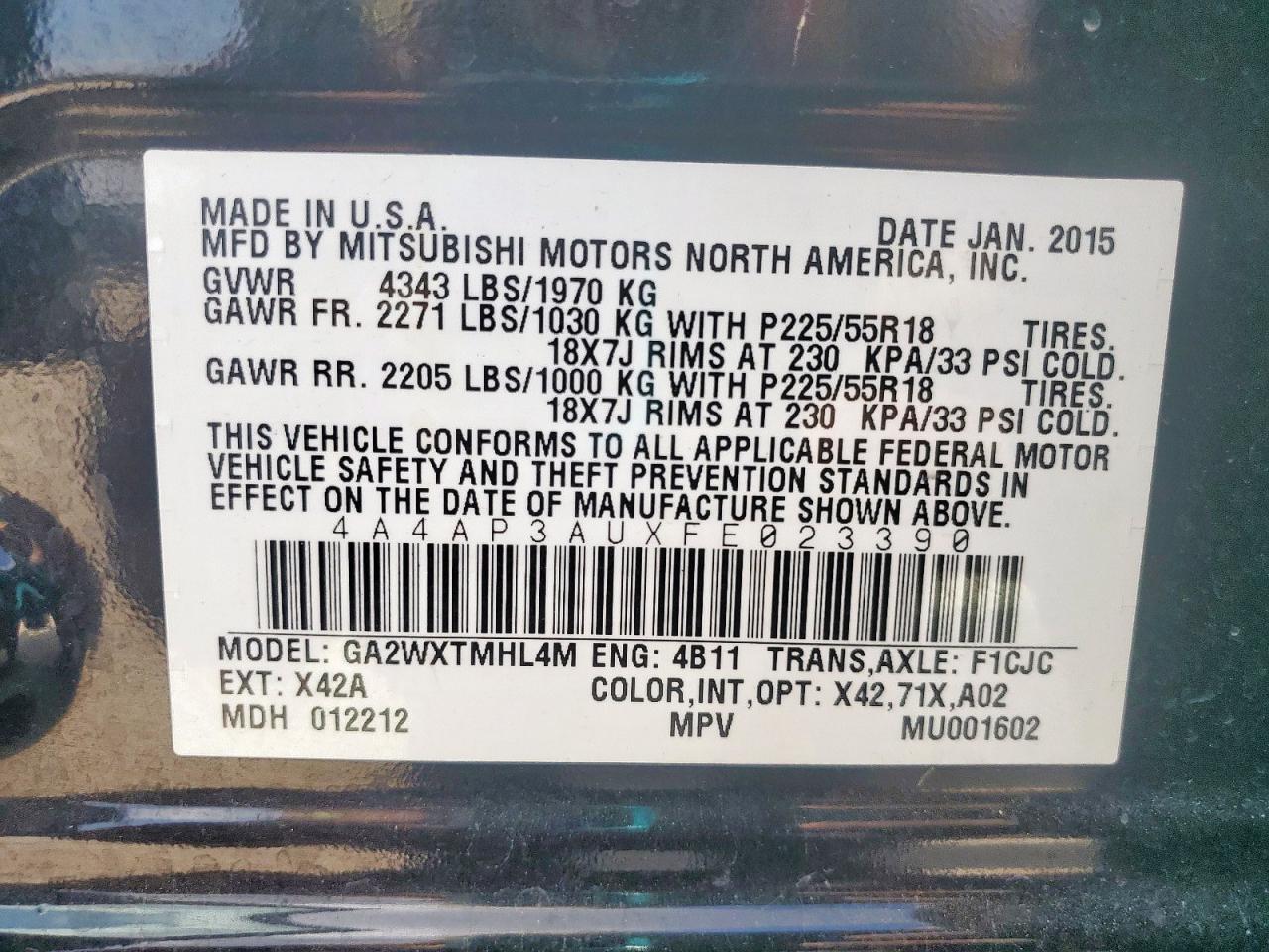 2015 Mitsubishi Outlander Sport Es VIN: 4A4AP3AUXFE023390 Lot: 80128515