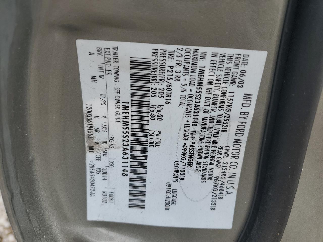 2003 Mercury Sable Ls Premium VIN: 1MEHM55S23A631148 Lot: 37421734