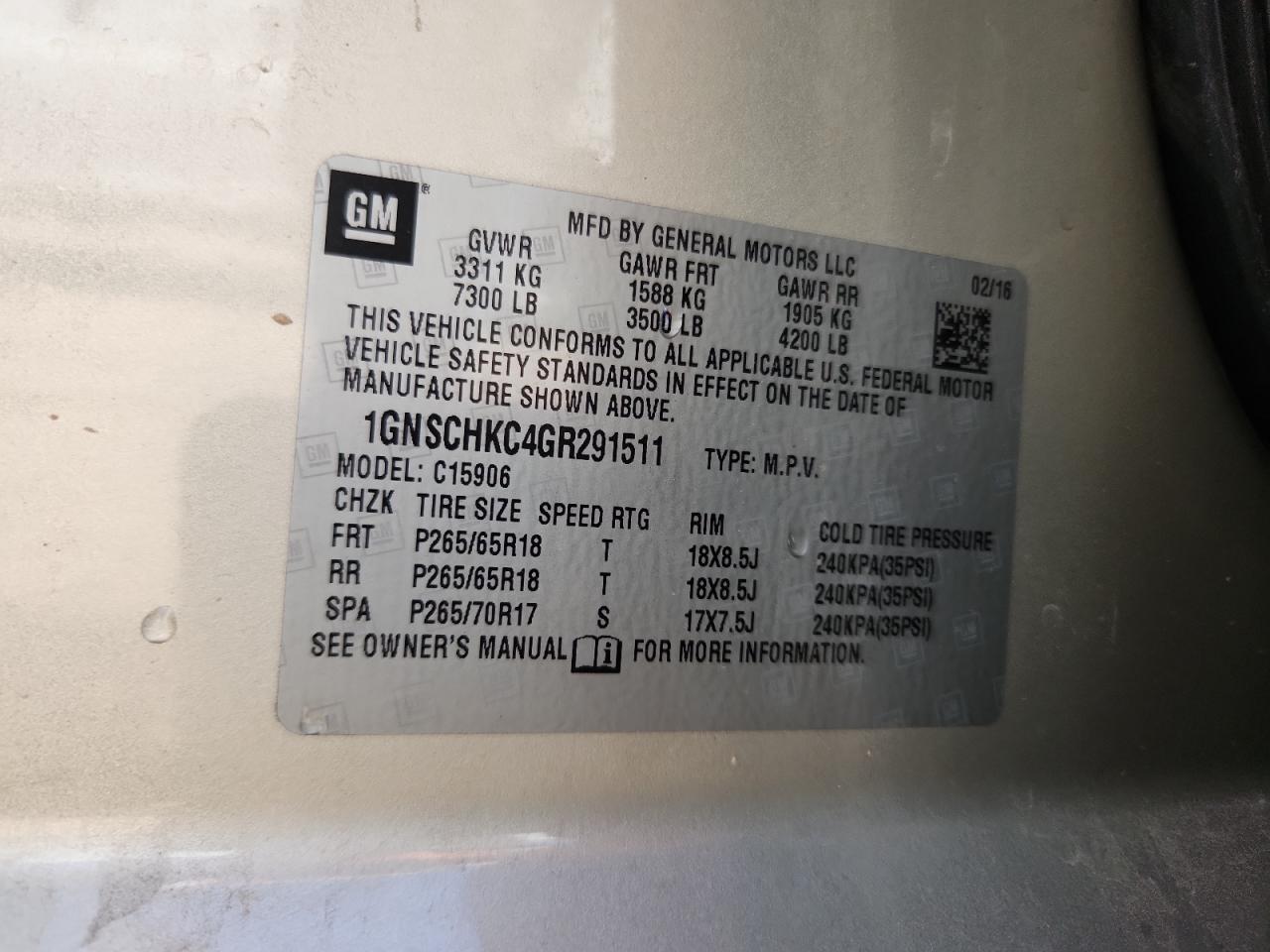 2016 Chevrolet Suburban C1500 Lt VIN: 1GNSCHKC4GR291511 Lot: 80705185