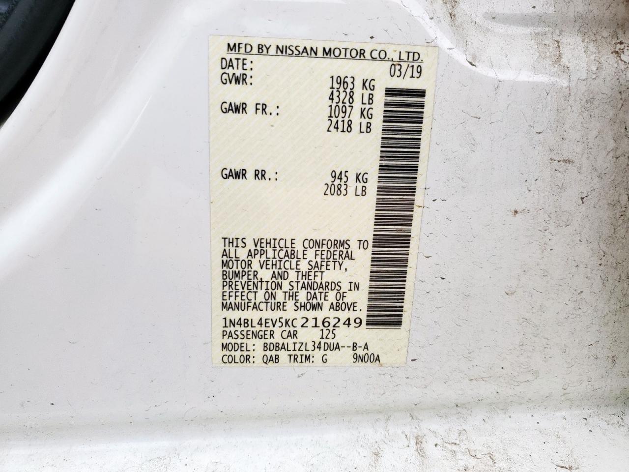 2019 Nissan Altima Sl VIN: 1N4BL4EV5KC216249 Lot: 84353975