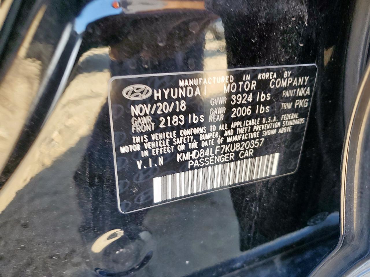 2019 Hyundai Elantra Sel VIN: KMHD84LF7KU820357 Lot: 81511425