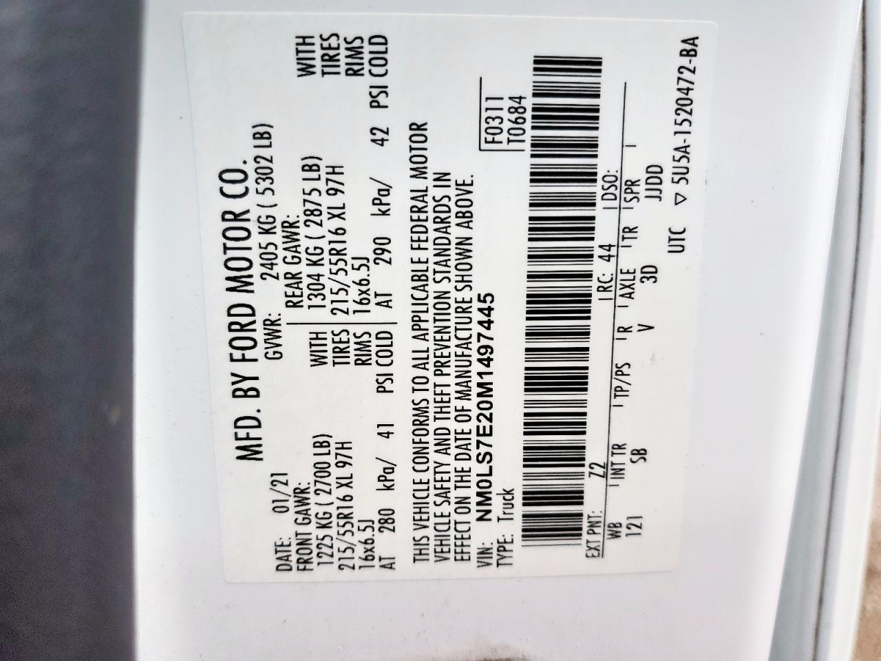 2021 Ford Transit Connect Xl VIN: NM0LS7E20M1497445 Lot: 82151305