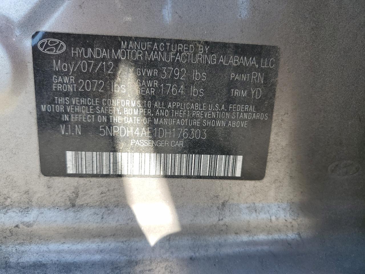 2013 Hyundai Elantra Gls VIN: 5NPDH4AE1DH176303 Lot: 80308585