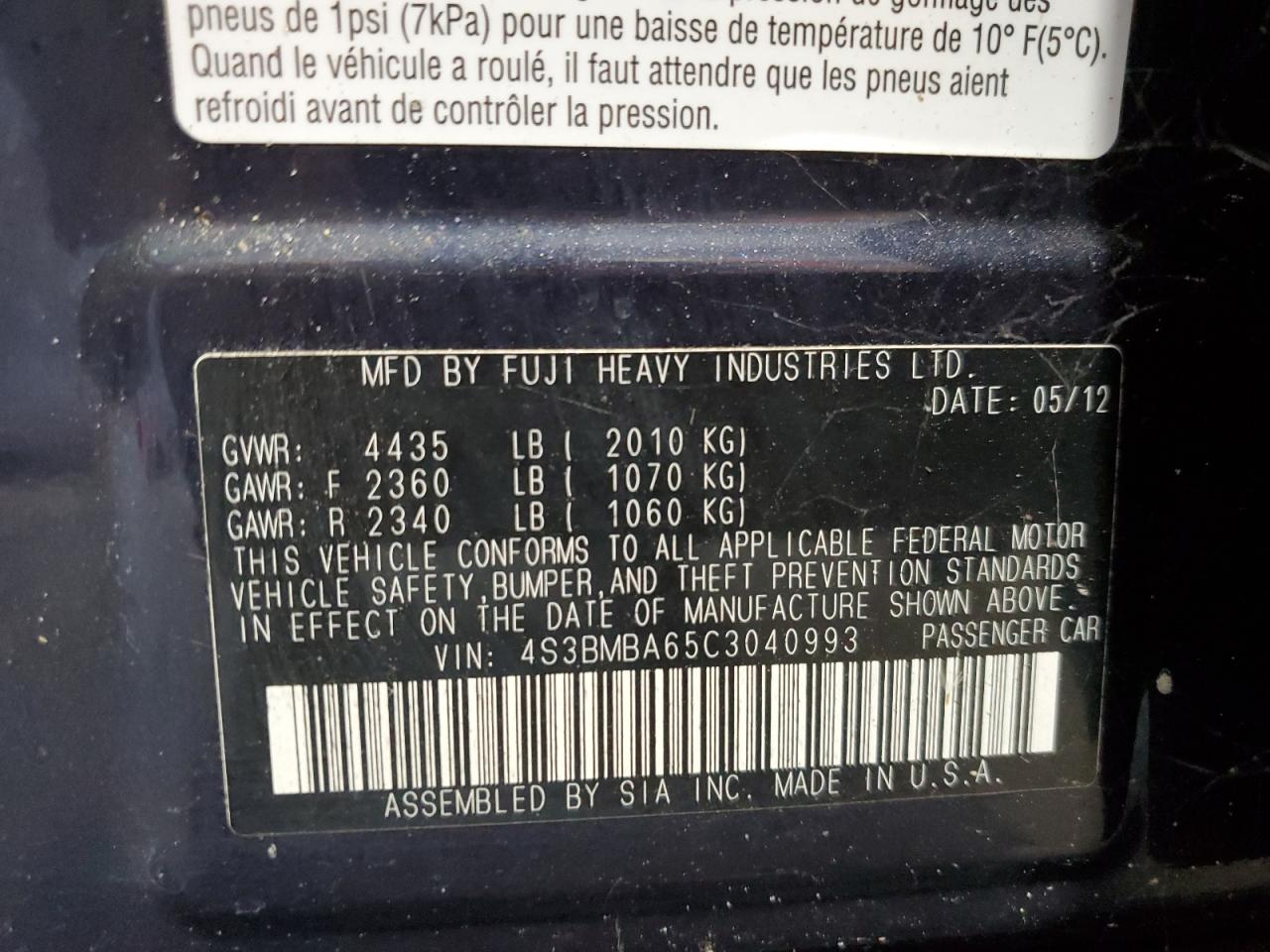 2012 Subaru Legacy 2.5I VIN: 4S3BMBA65C3040993 Lot: 80208385