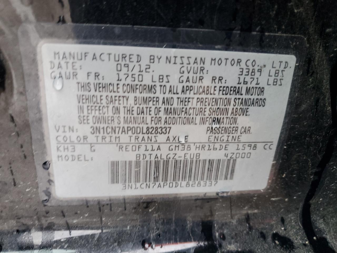 2013 Nissan Versa S VIN: 3N1CN7AP0DL828337 Lot: 82079385