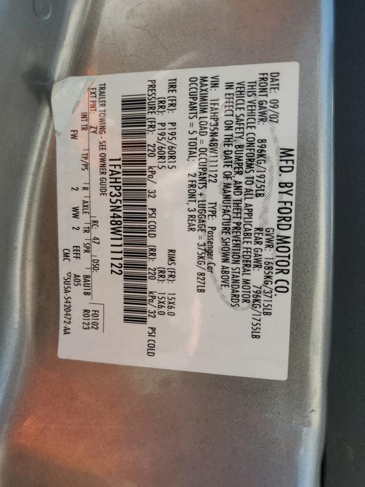 2008 Ford Focus Se VIN: 1FAHP35N48W111122 Lot: 80437905