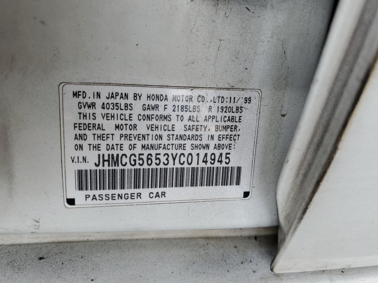 2000 Honda Accord Ex VIN: JHMCG5653YC014945 Lot: 80494845