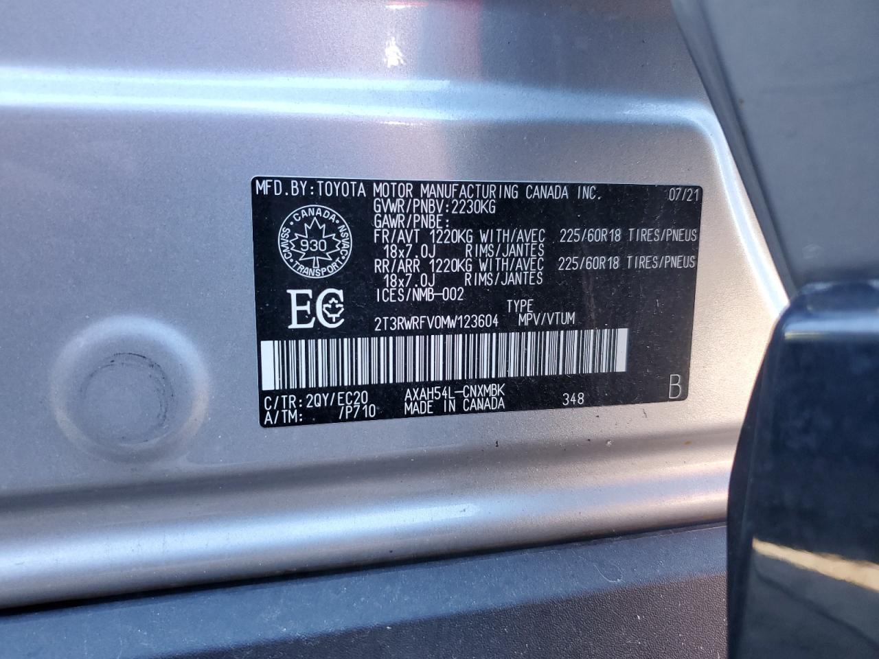 2021 Toyota Rav4 Xle VIN: 2T3RWRFV0MW123604 Lot: 84019115