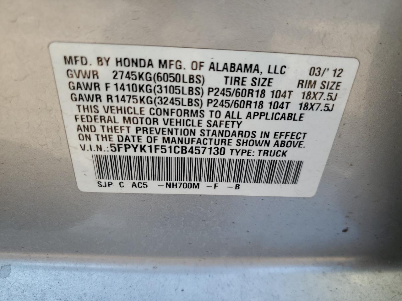 2012 Honda Ridgeline Rtl VIN: 5FPYK1F51CB457130 Lot: 71164545