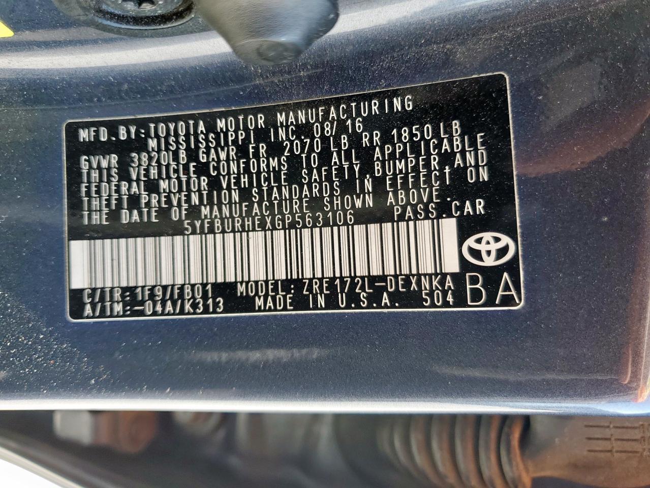 2016 Toyota Corolla L VIN: 5YFBURHEXGP563106 Lot: 84273405