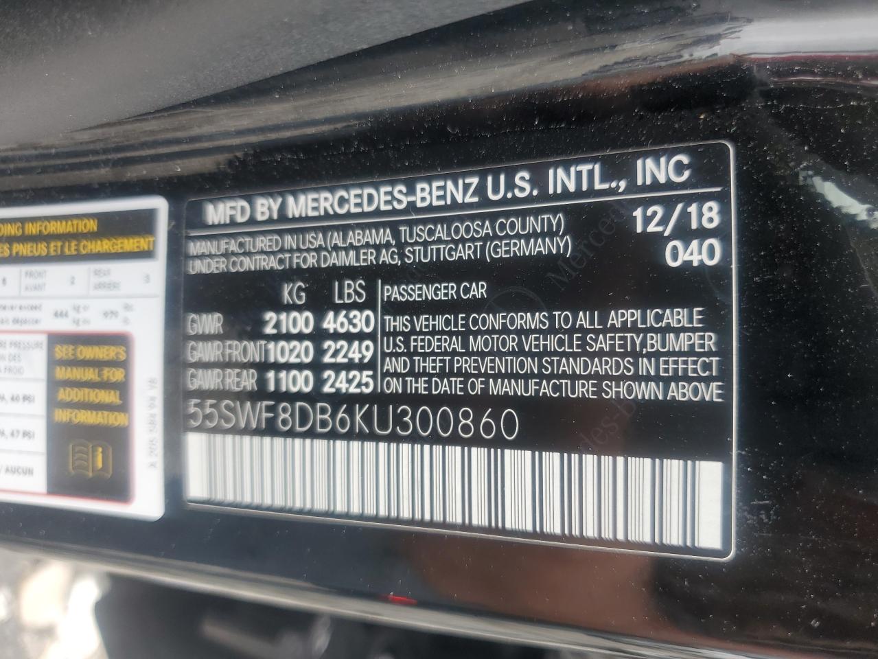 2019 Mercedes-Benz C 300 VIN: 55SWF8DB6KU300860 Lot: 83764805