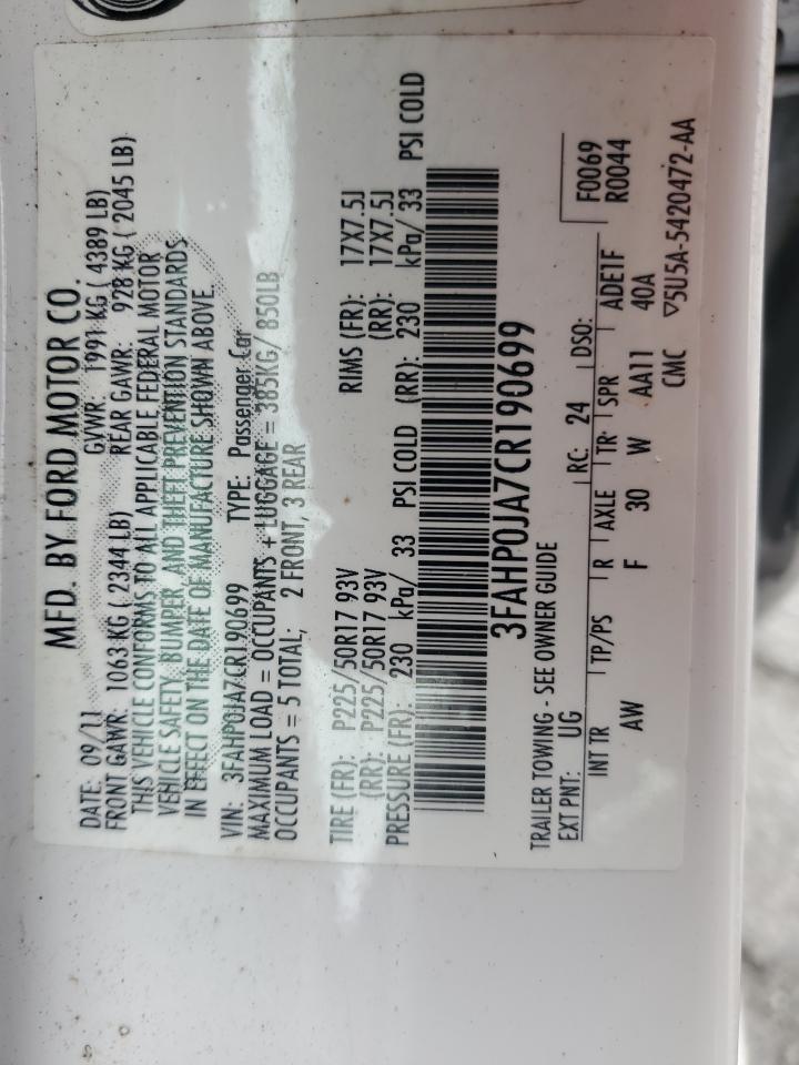 2012 Ford Fusion Sel VIN: 3FAHP0JA7CR190699 Lot: 82033995