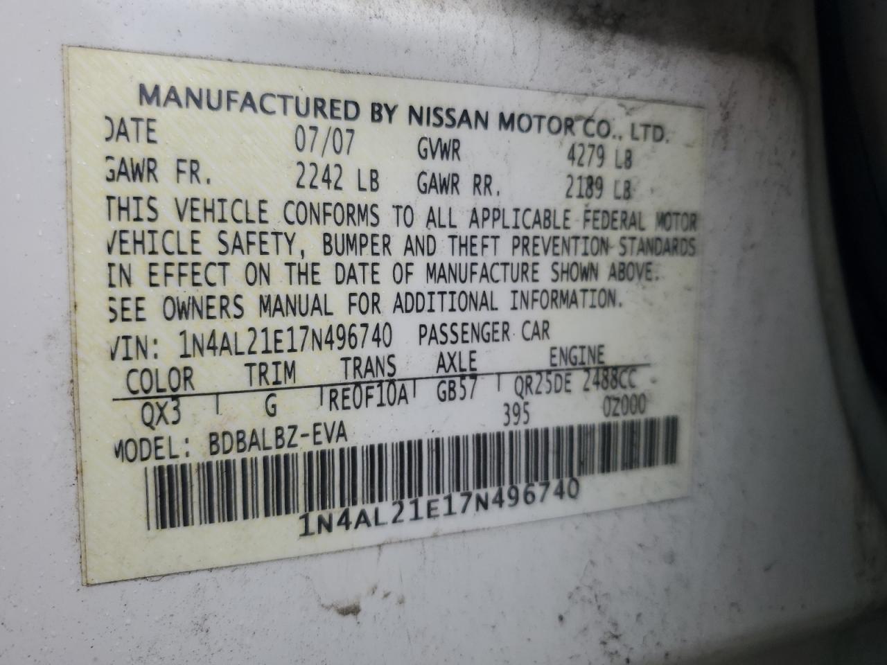 2007 Nissan Altima 2.5 VIN: 1N4AL21E17N496740 Lot: 81646805