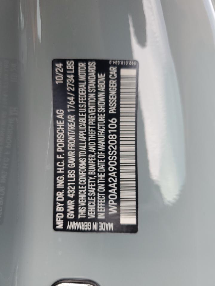 2025 Porsche 911 Carrera VIN: WP0AA2A90SS208106 Lot: 70015135