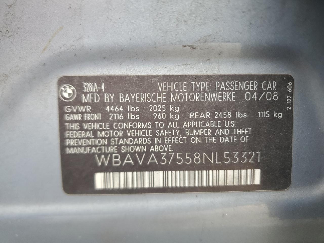 2008 BMW 328 I VIN: WBAVA37558NL53321 Lot: 80373265