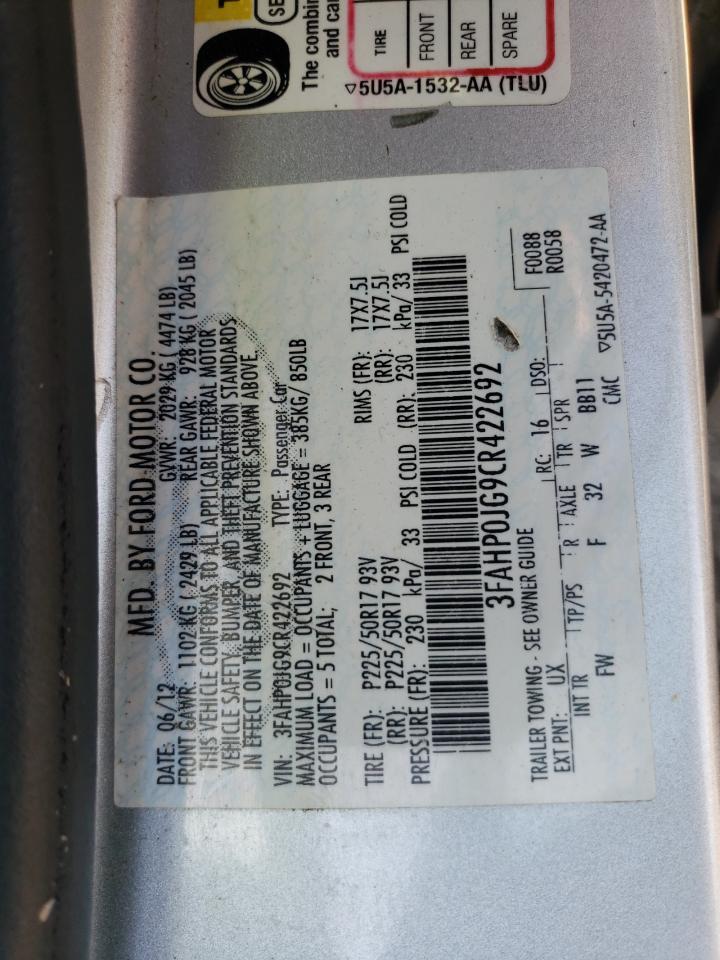 2012 Ford Fusion Sel VIN: 3FAHP0JG9CR422692 Lot: 81890425