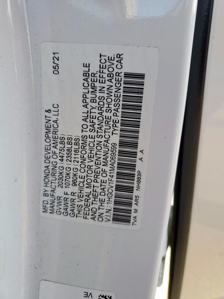 2021 Honda Accord Sport Se VIN: 1HGCV1F41MA069599 Lot: 80119735