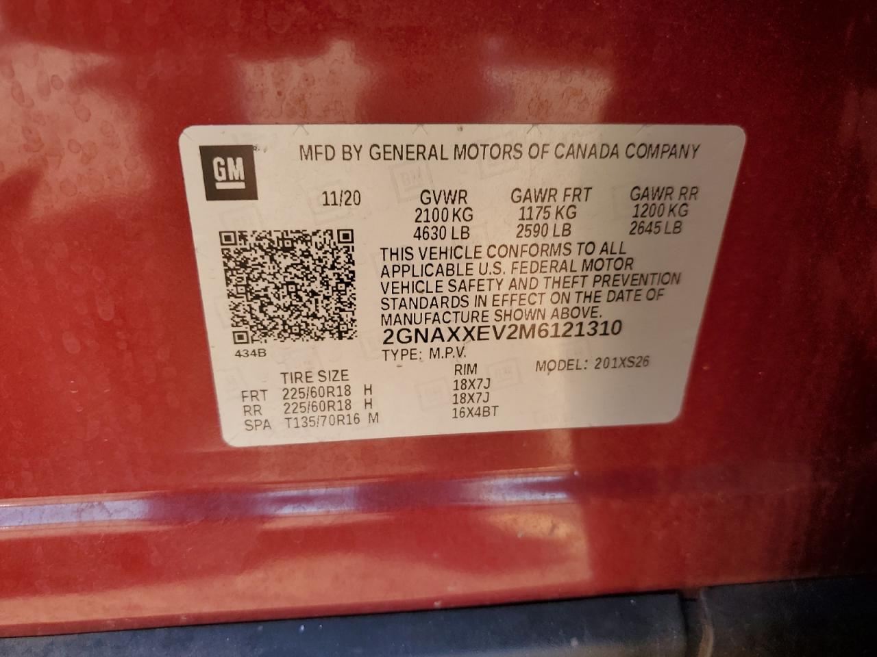 2021 Chevrolet Equinox Premier VIN: 2GNAXXEV2M6121310 Lot: 80779145