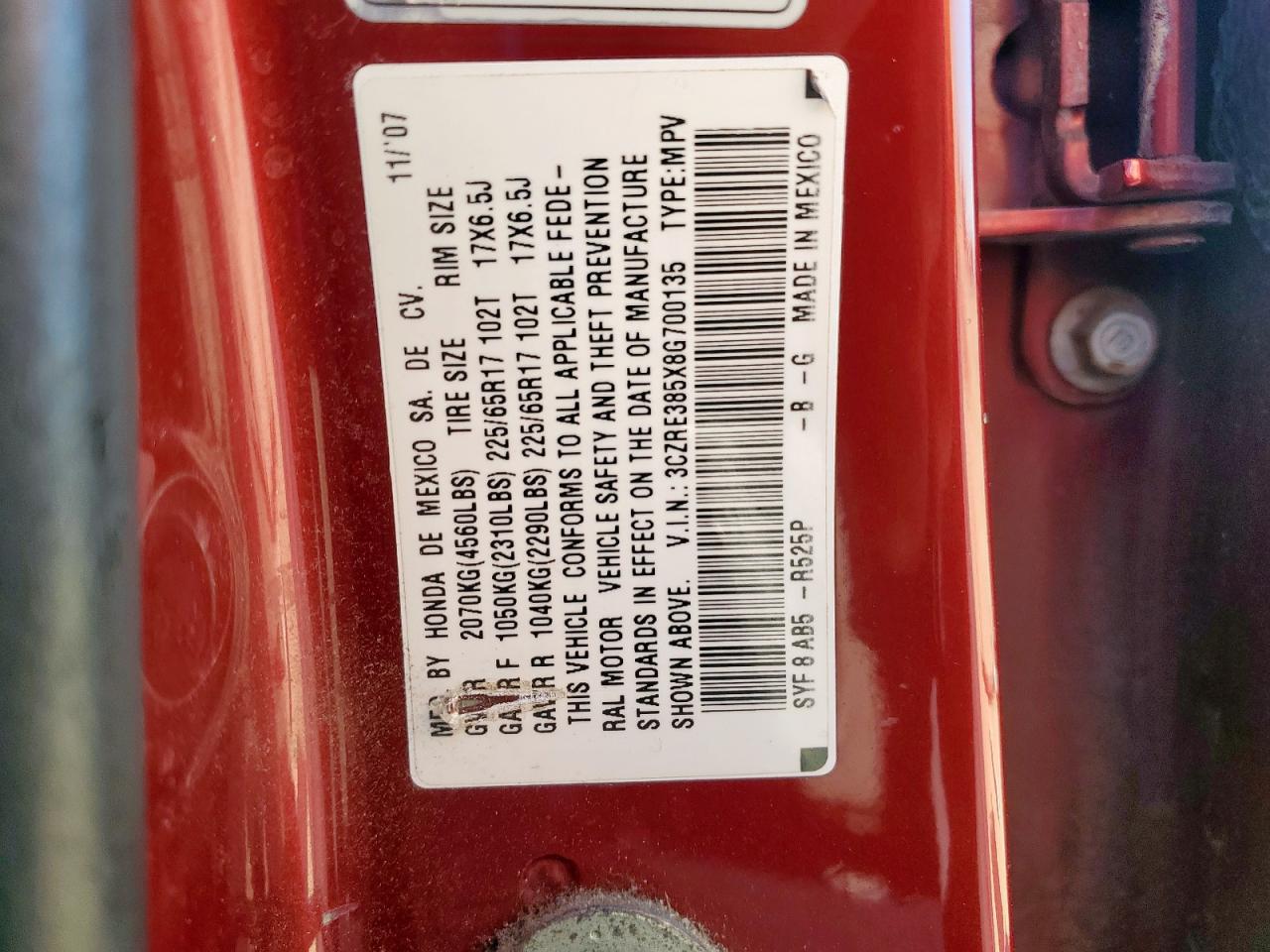 2008 Honda Cr-V Ex VIN: 3CZRE385X8G700135 Lot: 81852445