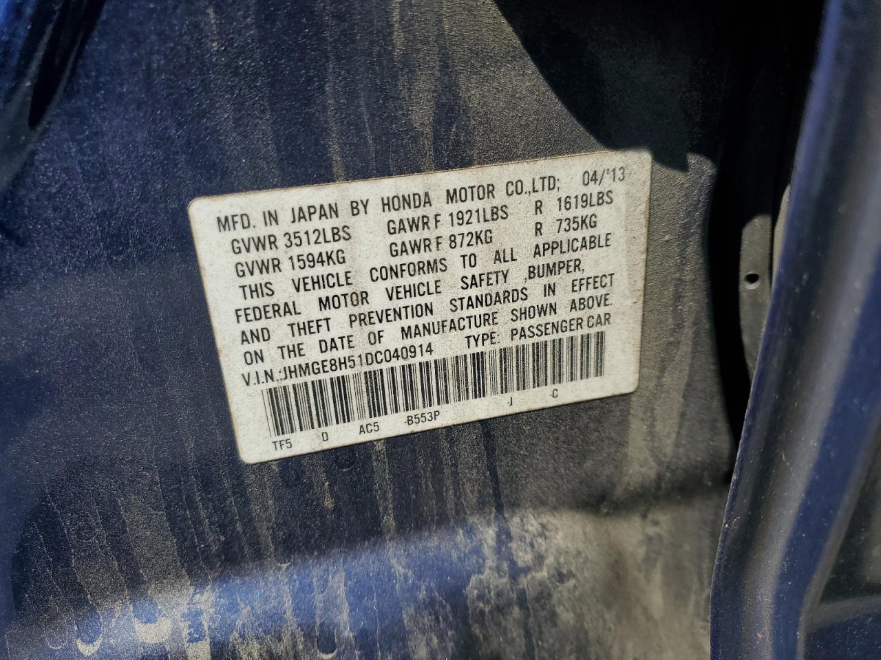 2013 Honda Fit Sport VIN: JHMGE8H51DC040914 Lot: 72051755