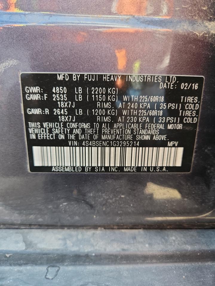 2016 Subaru Outback 3.6R Limited VIN: 4S4BSENC1G3295214 Lot: 71149935