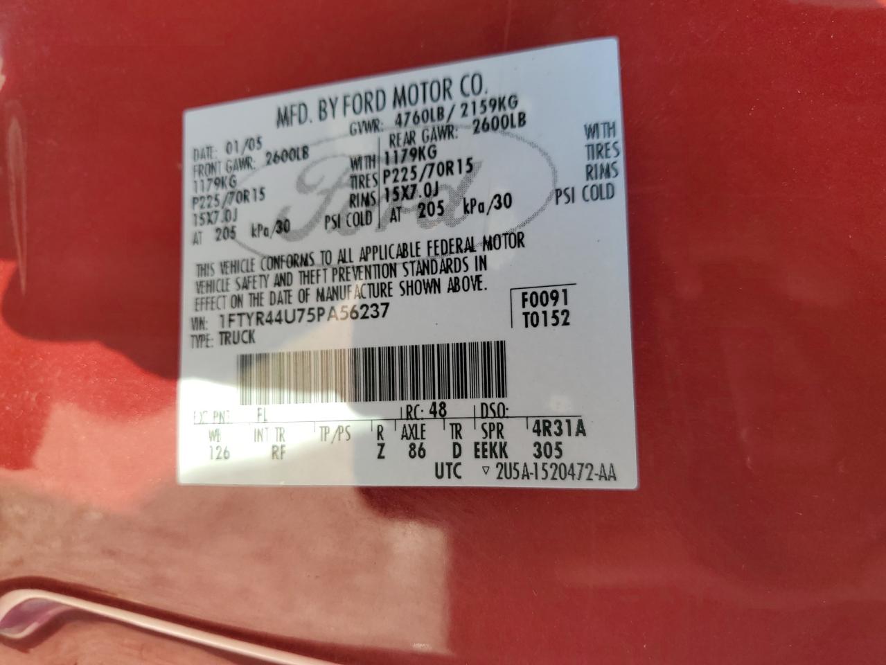 2005 Ford Ranger Super Cab VIN: 1FTYR44U75PA56237 Lot: 81851005
